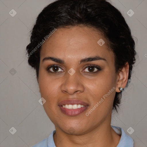 Joyful latino young-adult female with short  brown hair and brown eyes