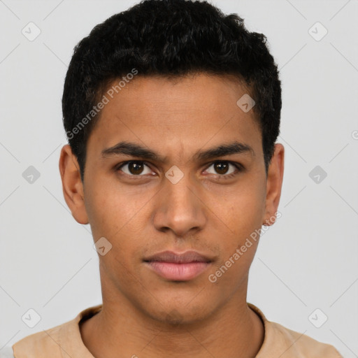 Neutral latino young-adult male with short  brown hair and brown eyes