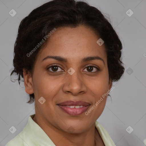 Joyful white adult female with short  brown hair and brown eyes