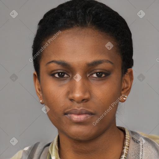 Neutral black young-adult female with short  black hair and brown eyes