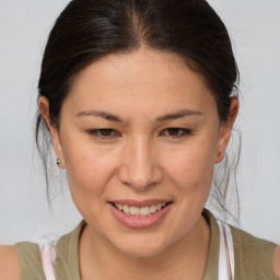 Joyful white adult female with medium  brown hair and brown eyes