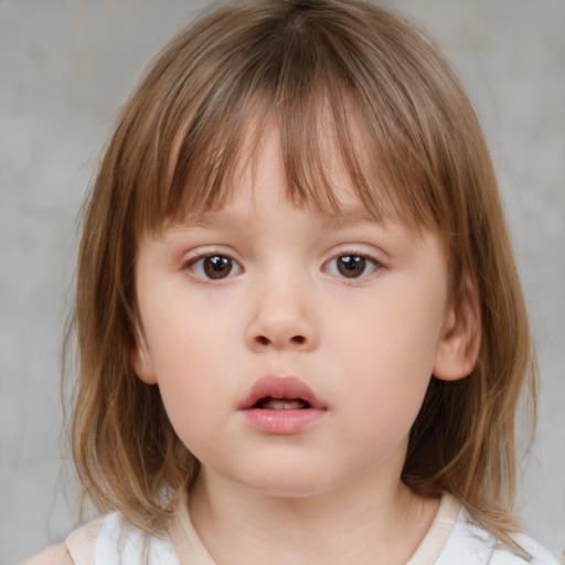 Neutral white child female with medium  brown hair and grey eyes