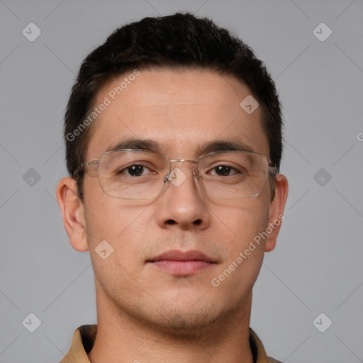Neutral white young-adult male with short  brown hair and brown eyes
