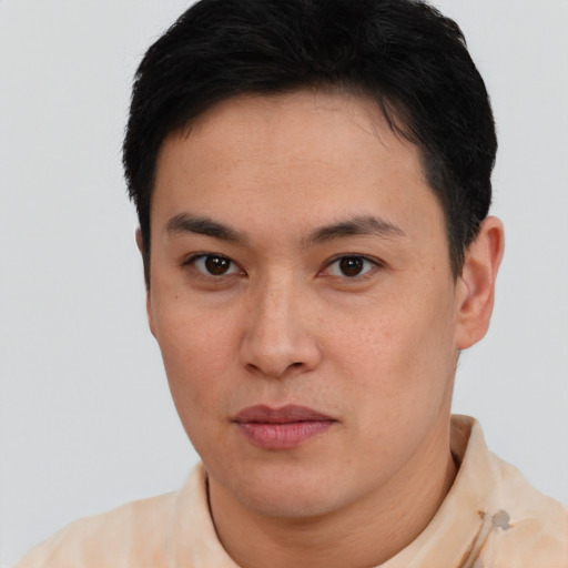 Neutral latino young-adult male with short  brown hair and brown eyes