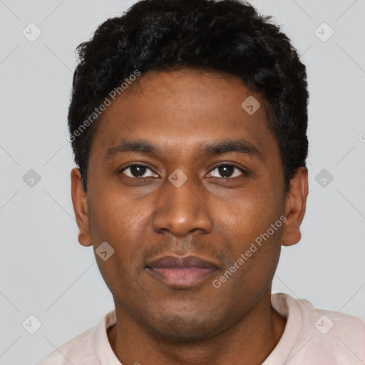 Neutral black young-adult male with short  black hair and brown eyes