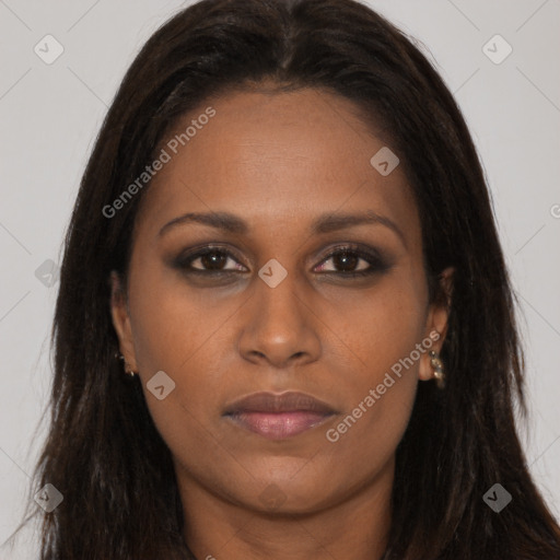 Joyful asian young-adult female with long  brown hair and brown eyes
