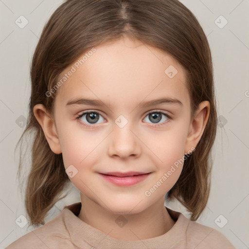 Joyful white child female with medium  brown hair and brown eyes