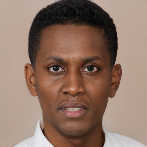 Neutral black young-adult male with short  black hair and brown eyes