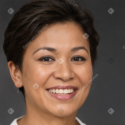 Joyful white adult female with short  brown hair and brown eyes