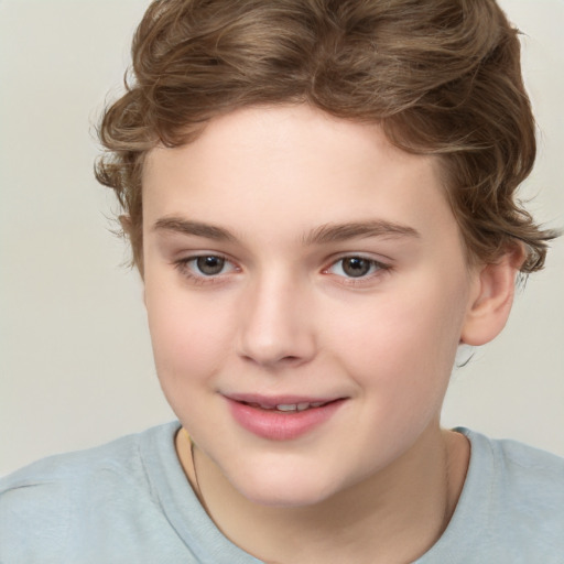 Joyful white child female with short  brown hair and brown eyes