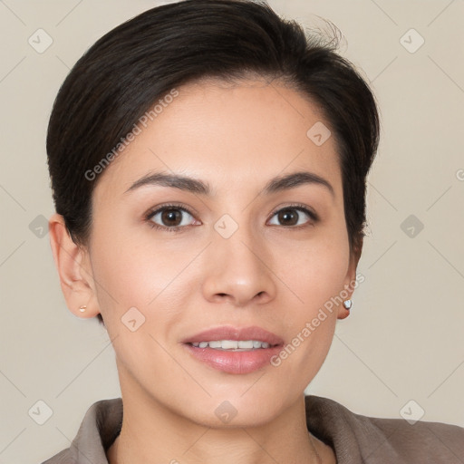 Joyful white young-adult female with short  brown hair and brown eyes