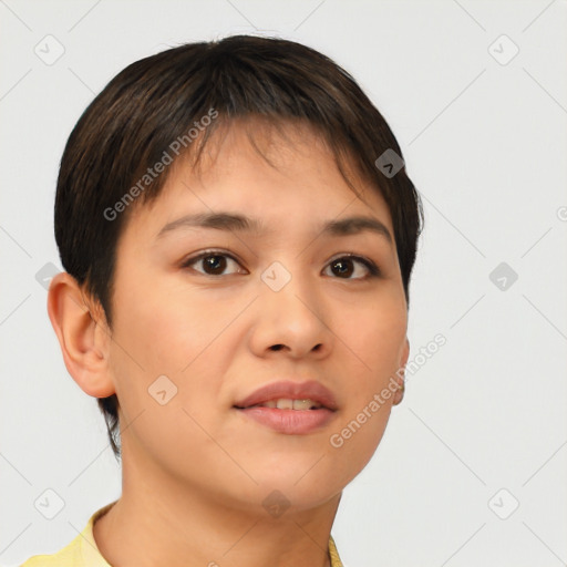 Neutral asian young-adult female with short  brown hair and brown eyes