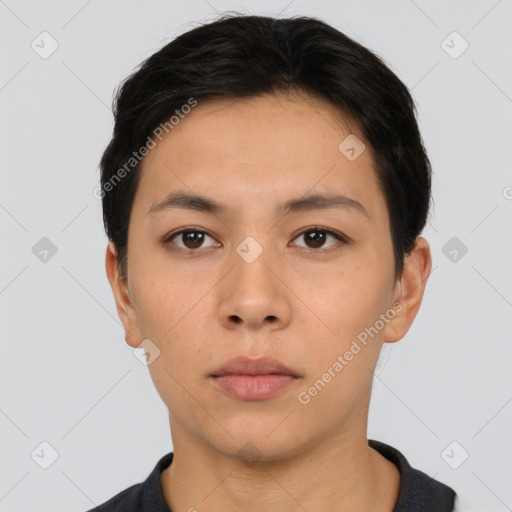 Neutral asian young-adult male with short  black hair and brown eyes