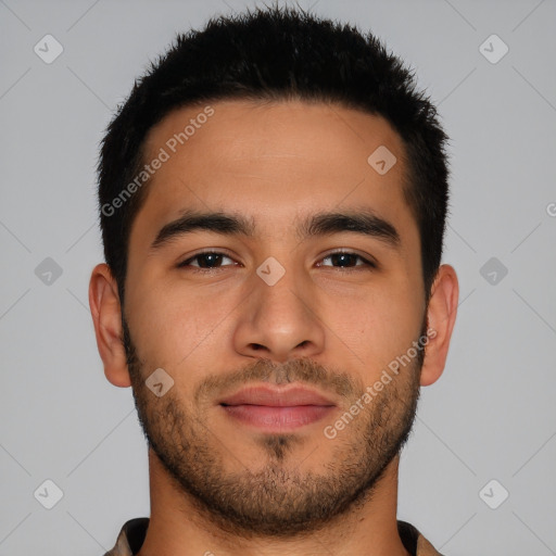 Neutral asian young-adult male with short  brown hair and brown eyes