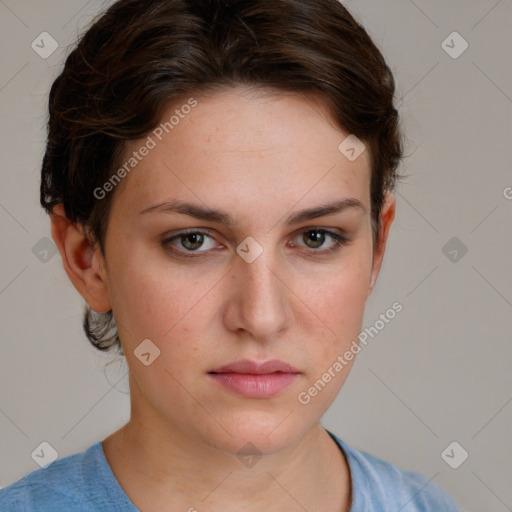 Neutral white young-adult female with short  brown hair and brown eyes