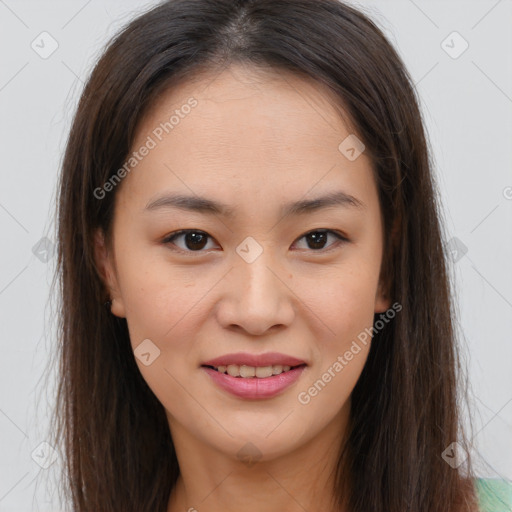 Joyful white young-adult female with long  brown hair and brown eyes