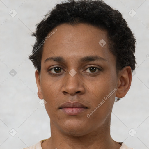 Neutral black young-adult female with short  brown hair and brown eyes