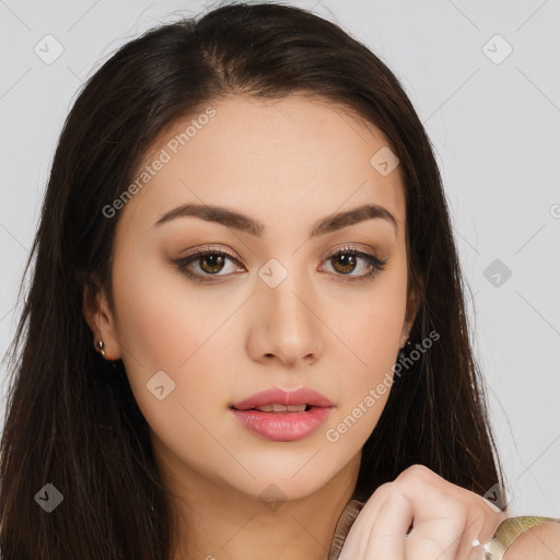 Neutral white young-adult female with long  brown hair and brown eyes