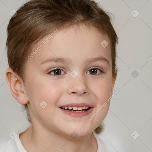 Joyful white child female with medium  brown hair and brown eyes