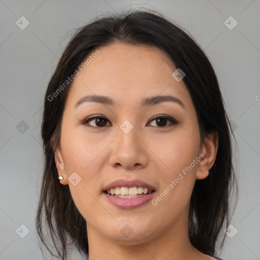 Joyful asian young-adult female with medium  brown hair and brown eyes