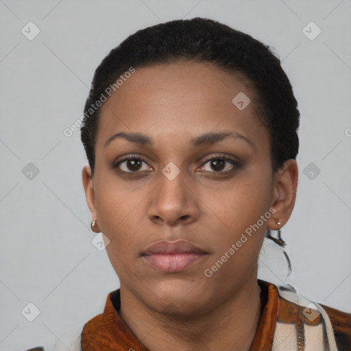 Neutral black young-adult female with short  black hair and brown eyes