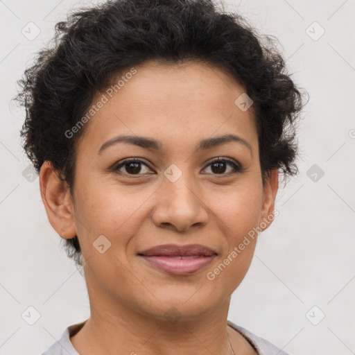 Joyful latino young-adult female with short  brown hair and brown eyes