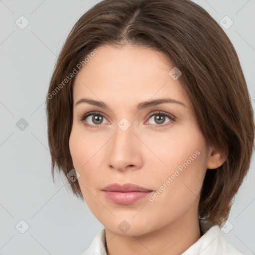 Neutral white young-adult female with medium  brown hair and brown eyes