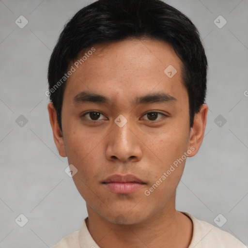 Neutral asian young-adult male with short  black hair and brown eyes