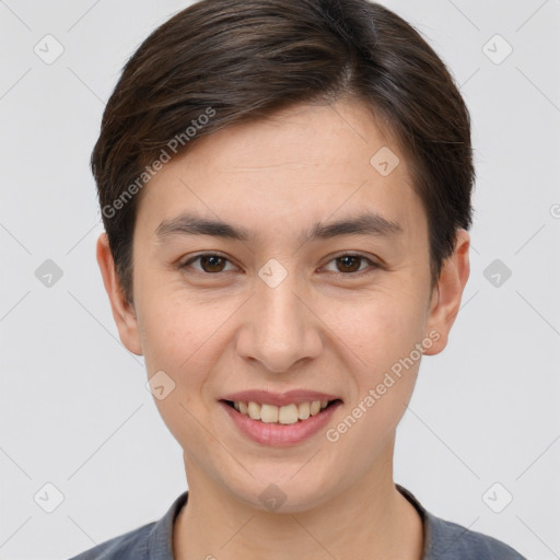 Joyful white young-adult female with short  brown hair and brown eyes