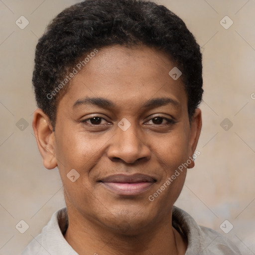 Joyful black young-adult male with short  brown hair and brown eyes