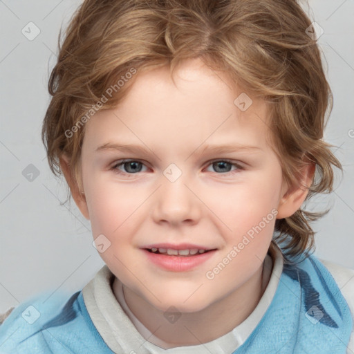 Joyful white child female with medium  brown hair and blue eyes