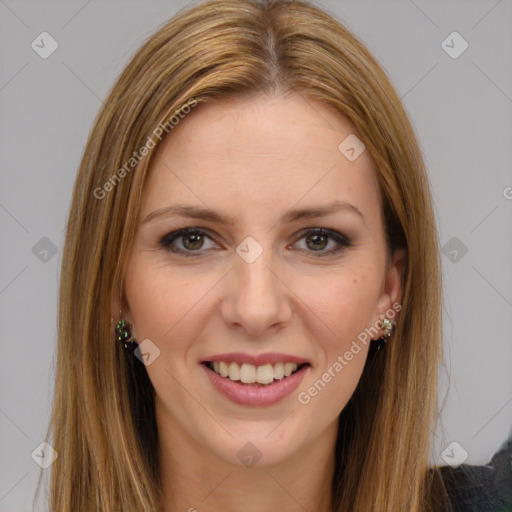 Joyful white young-adult female with long  brown hair and brown eyes