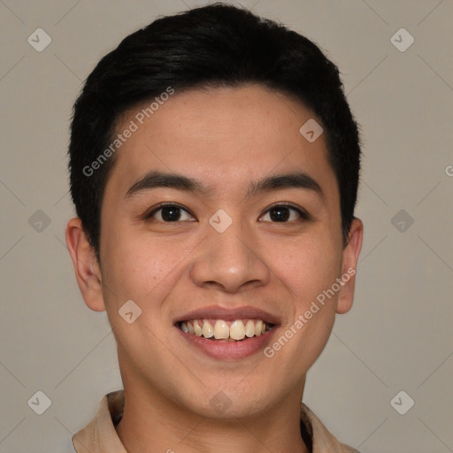 Joyful latino young-adult male with short  brown hair and brown eyes