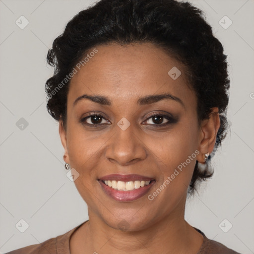 Joyful latino young-adult female with short  brown hair and brown eyes