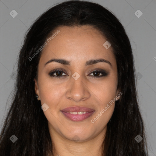 Joyful latino young-adult female with long  brown hair and brown eyes
