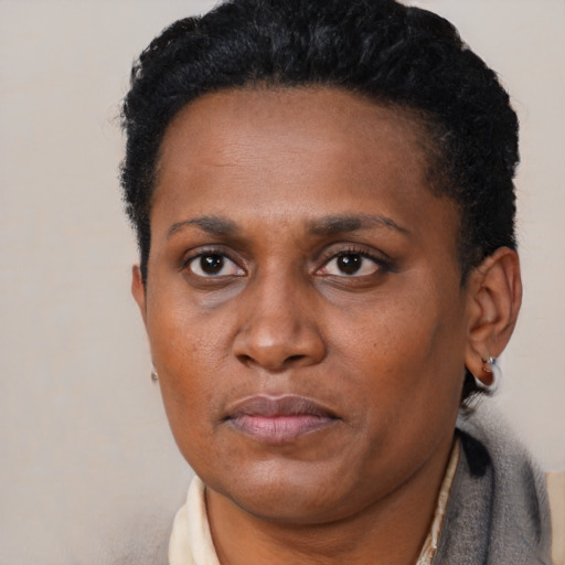 Neutral black adult female with short  black hair and brown eyes