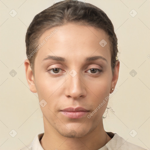 Neutral white young-adult female with short  brown hair and brown eyes