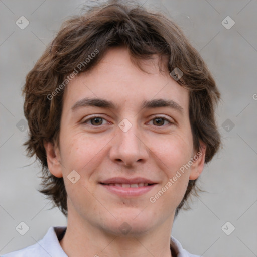 Joyful white young-adult male with medium  brown hair and brown eyes