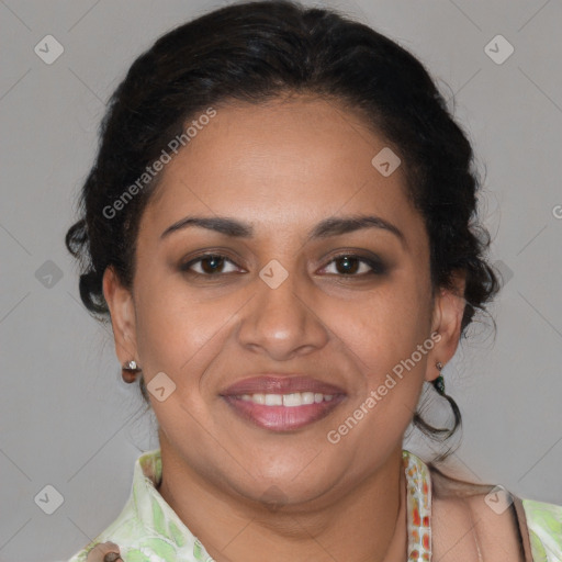 Joyful latino young-adult female with short  brown hair and brown eyes