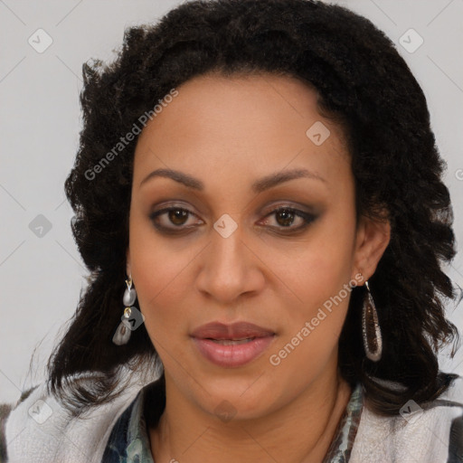 Joyful black young-adult female with long  brown hair and brown eyes