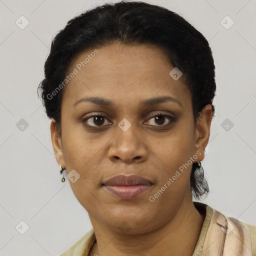 Joyful latino young-adult female with short  black hair and brown eyes