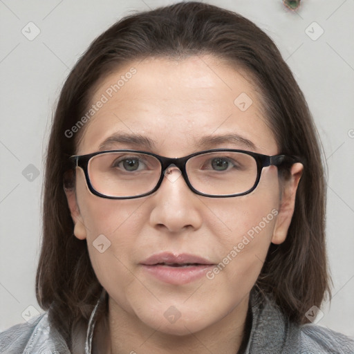 Neutral white young-adult female with medium  brown hair and grey eyes