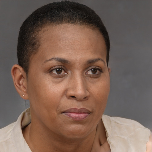 Neutral latino adult female with short  brown hair and brown eyes