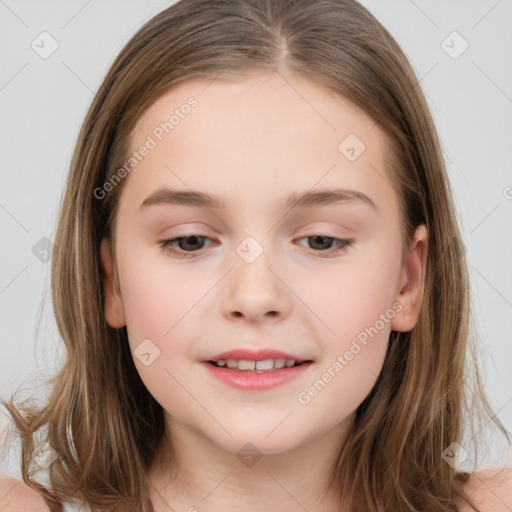 Joyful white child female with medium  brown hair and brown eyes