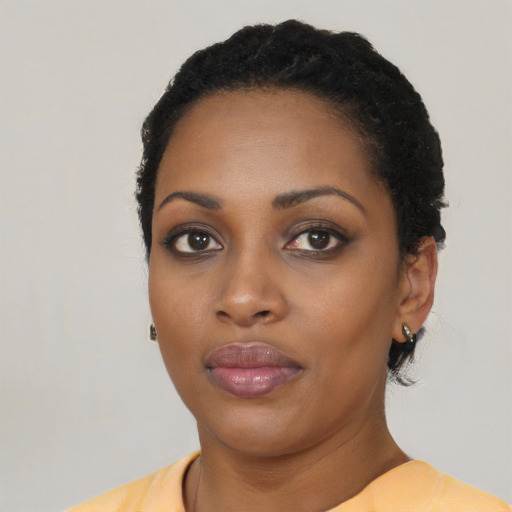 Neutral black young-adult female with short  black hair and brown eyes