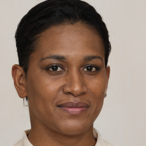 Joyful black adult female with short  brown hair and brown eyes