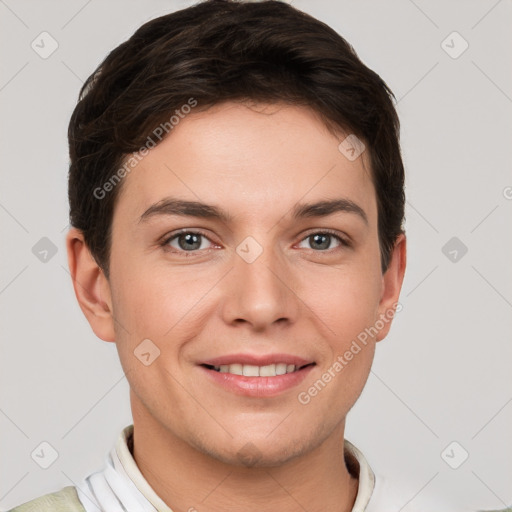 Joyful white young-adult female with short  brown hair and grey eyes