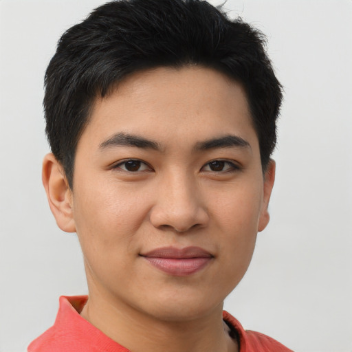 Joyful asian young-adult male with short  brown hair and brown eyes