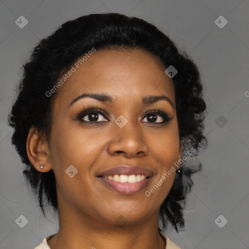 Joyful black young-adult female with medium  black hair and brown eyes