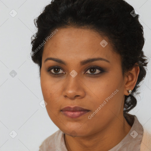 Neutral black young-adult female with short  brown hair and brown eyes